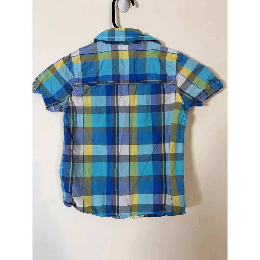 OshKosh Bgosh Boys Blue Green Plaid Short Sleeve Button Down Shirt Size 4/5